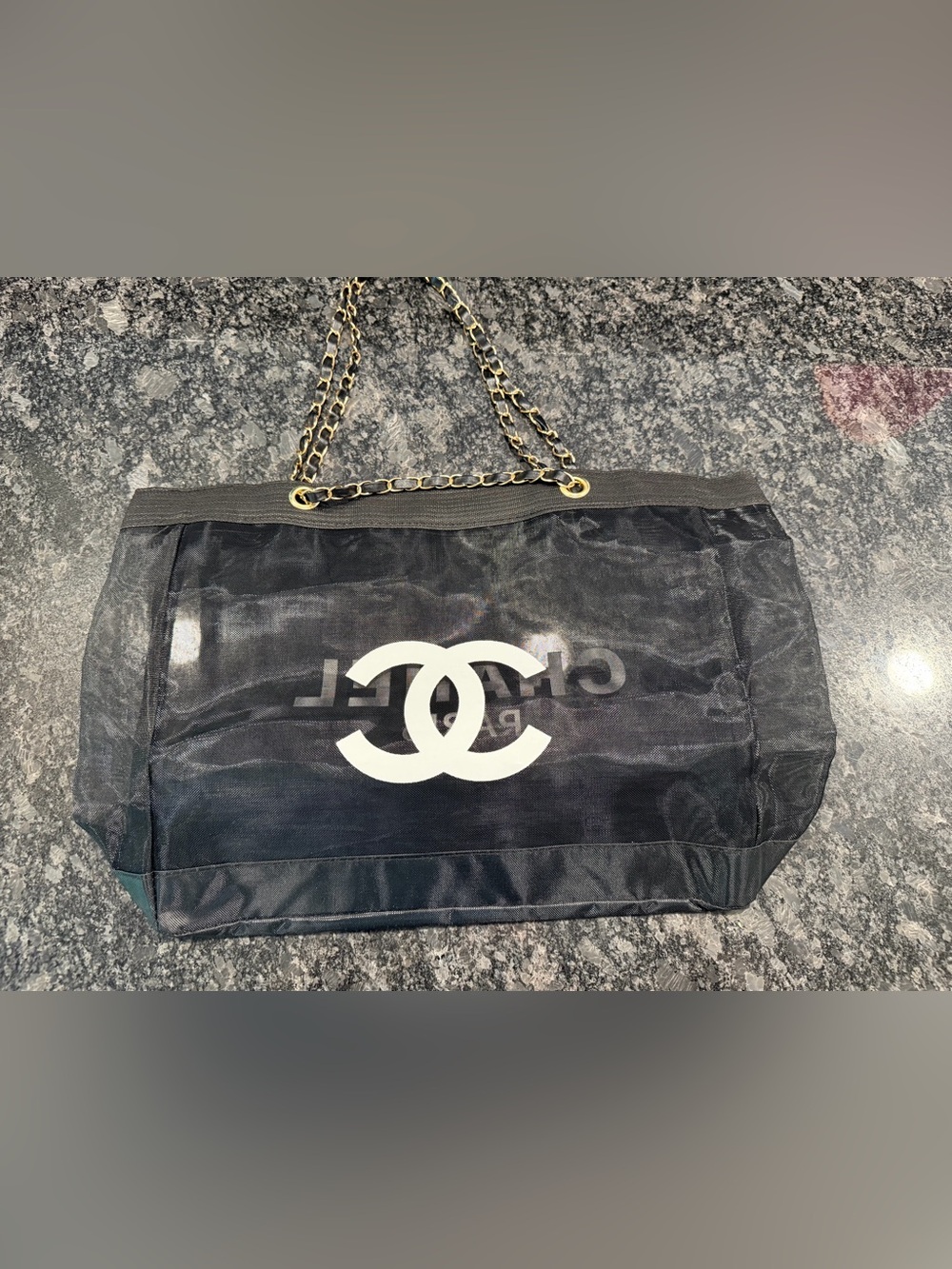 CHANEL Black Mesh Tote with White CC Logo and Gold Chain Straps